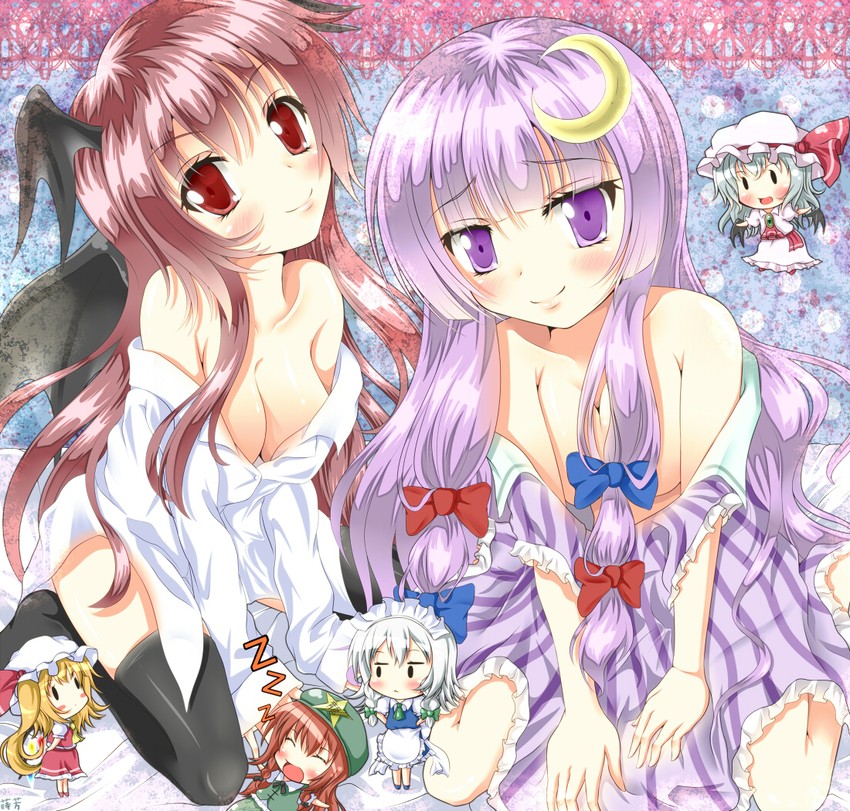 remilia scarlet, flandre scarlet, izayoi sakuya, patchouli knowledge, hong meiling, and 1 more (touhou) drawn by mayuzumi_makiha