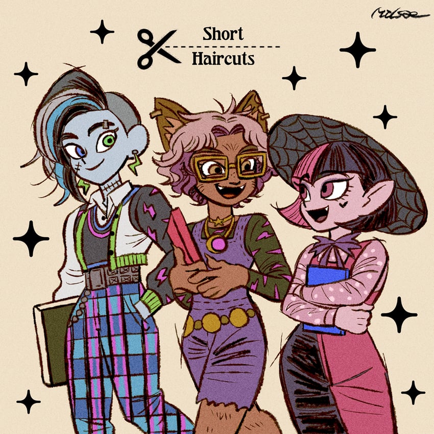 draculaura, frankie stein, and clawdeen wolf (monster high) drawn by milsae