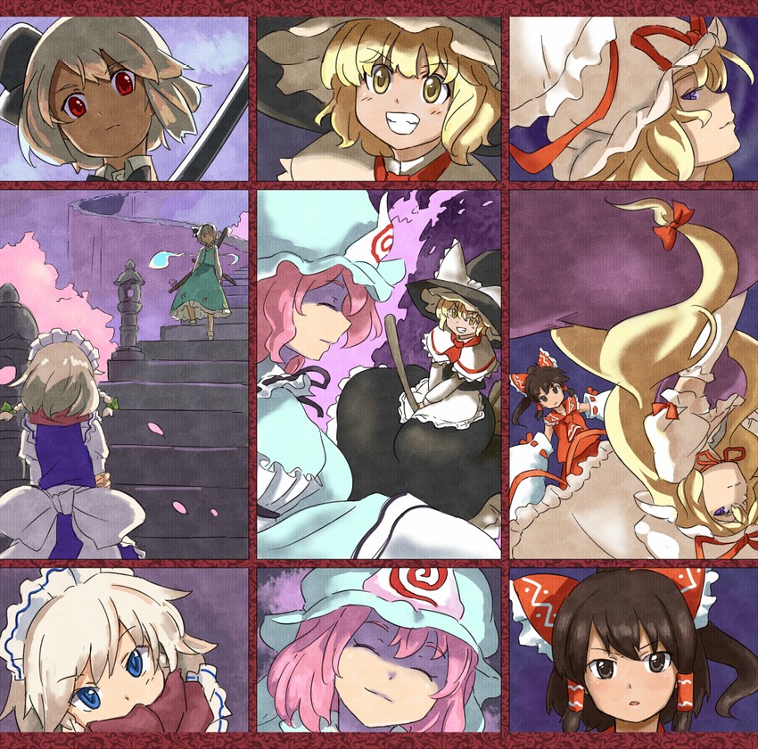 hakurei reimu, kirisame marisa, izayoi sakuya, konpaku youmu, yakumo yukari, and 1 more (touhou and 1 more) drawn by shibasaki_shouji