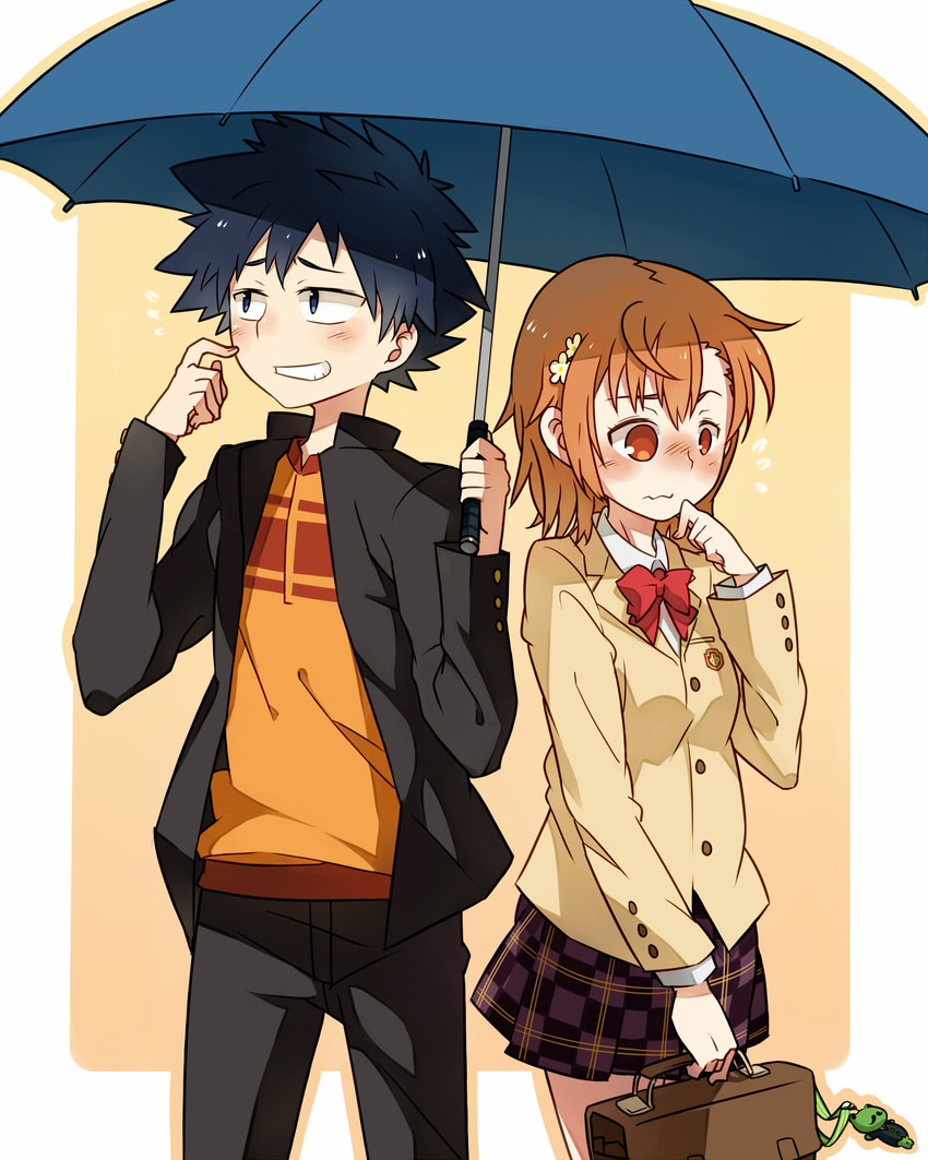 misaka mikoto, kamijou touma, and gekota (toaru majutsu no index and 1 more) drawn by luo.