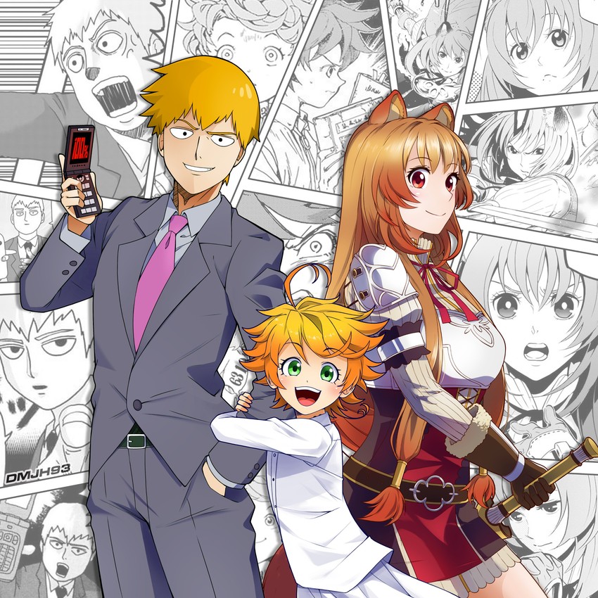 raphtalia, reigen arataka, and emma (mob psycho 100 and 2 more) drawn by aiya_kyuu, demizu_posuka, dmjh93, and one_(artist)