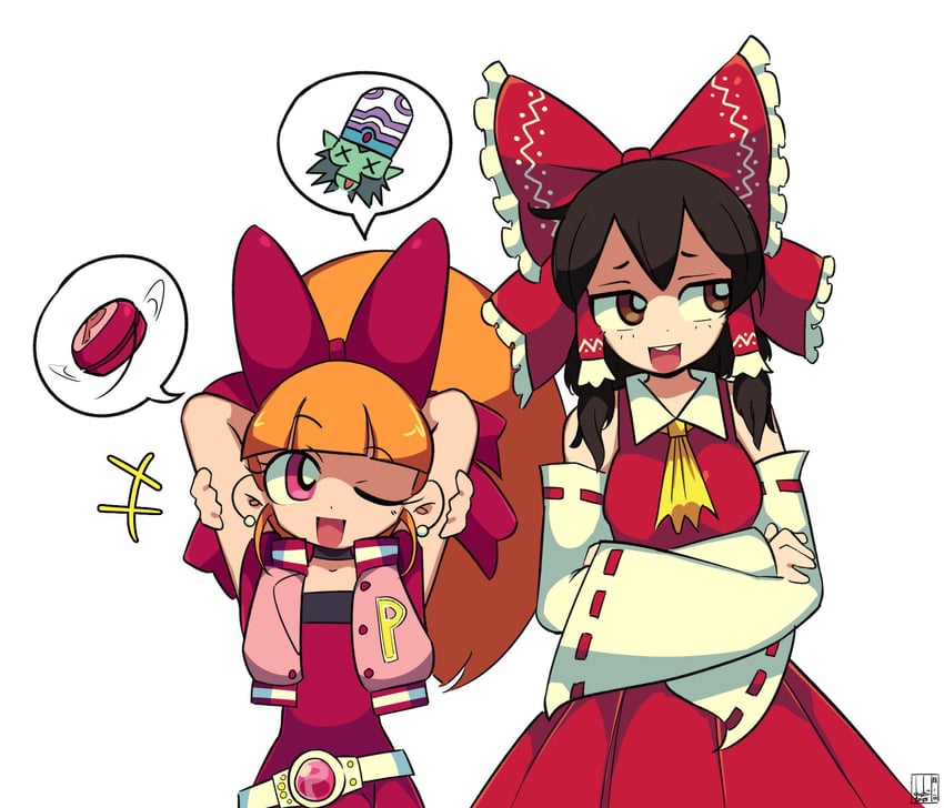 hakurei reimu, blossom, and mojo jojo (touhou and 1 more) drawn by dushiido