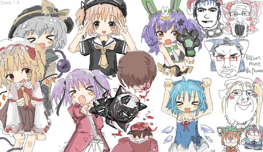 remilia scarlet, flandre scarlet, komeiji koishi, cirno, saigyouji yuyuko, and 6 more (touhou and 2 more) drawn by hatut