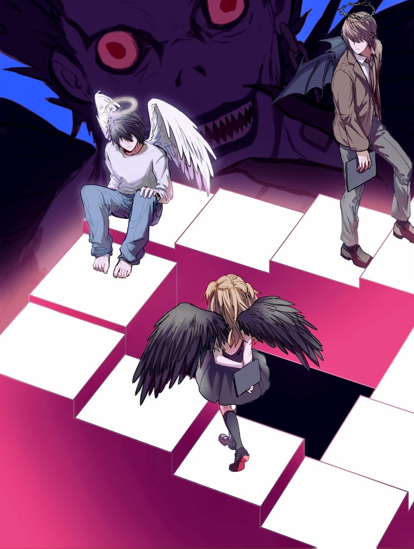 yagami light, l, amane misa, and ryuk (death note) drawn by shirleyzhang041