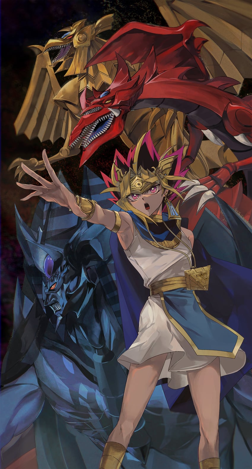 atem, osiris the sky dragon, the winged dragon of ra, and obelisk the tormentor (yu-gi-oh! and 1 more) drawn by uuu_ygo