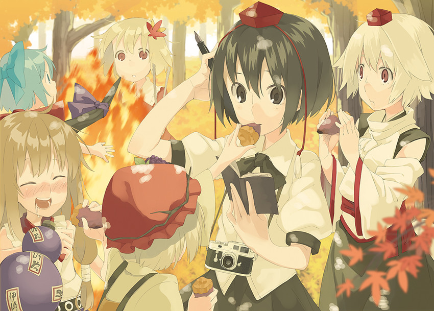cirno, shameimaru aya, inubashiri momiji, ibuki suika, aki minoriko, and 1 more (touhou) drawn by seu_kaname