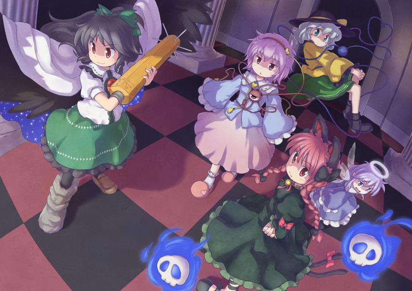 komeiji koishi, komeiji satori, kaenbyou rin, reiuji utsuho, and zombie fairy (touhou) drawn by kurotama_(avino)