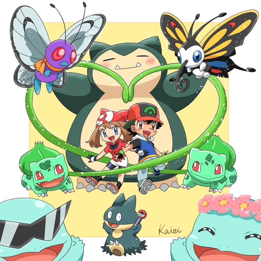 may, ash ketchum, bulbasaur, squirtle, snorlax, and 3 more (pokemon and 1 more) drawn by kairi_(ayuara)