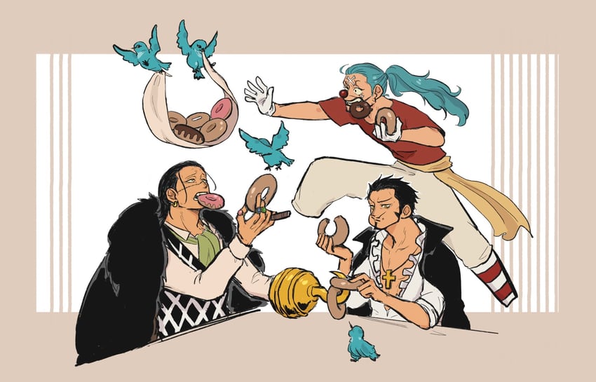 crocodile, buggy the clown, and dracule mihawk (one piece) drawn by f4ylu
