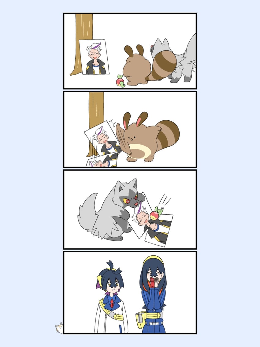 kieran, carmine, furret, applin, drayton, and 1 more (pokemon and 1 more) drawn by h1na3