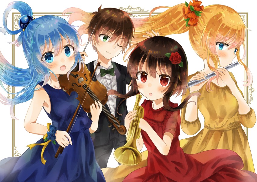 megumin, aqua, darkness, and satou kazuma (kono subarashii sekai ni shukufuku wo!) drawn by yuno_(suke_yuno)