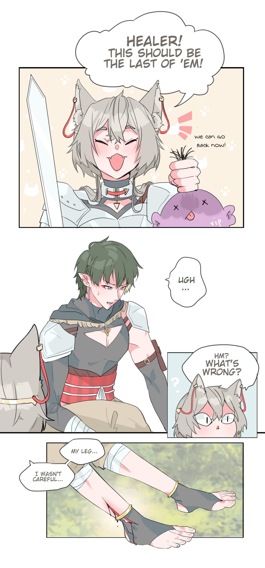 male elf healer and female cat knight (original) drawn by aru_fid0
