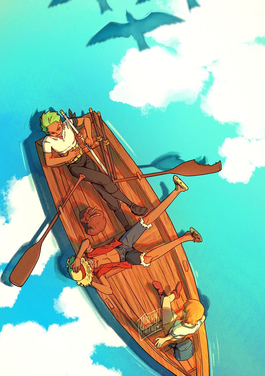 nami, monkey d. luffy, and roronoa zoro (one piece) drawn by toboldlymuppet