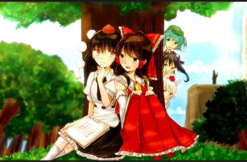 hakurei reimu, shameimaru aya, inubashiri momiji, kawashiro nitori, and himekaidou hatate (touhou) drawn by ark_tr