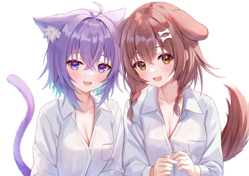 nekomata okayu and inugami korone (hololive) drawn by togemaru34