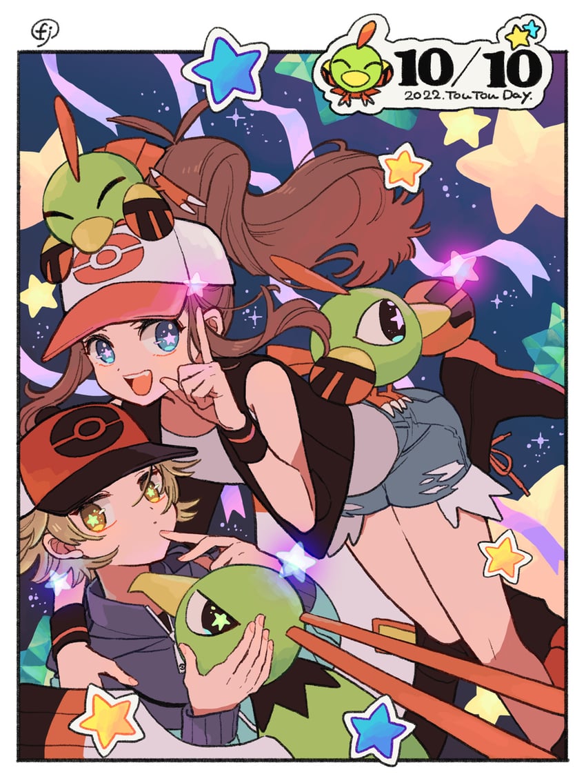 hilda, hilbert, natu, and xatu (pokemon and 1 more) drawn by chikafuji