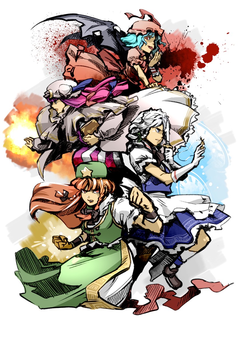 remilia scarlet, izayoi sakuya, patchouli knowledge, and hong meiling (touhou) drawn by hounori