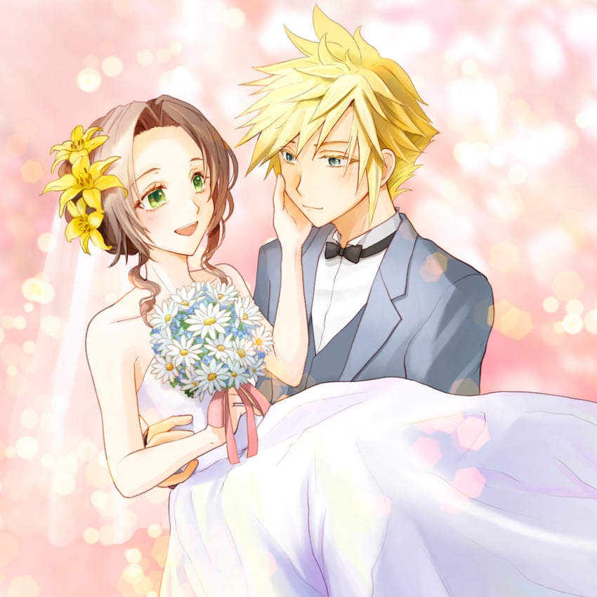 cloud strife and aerith gainsborough (final fantasy and 1 more) drawn by yahokichi_ma