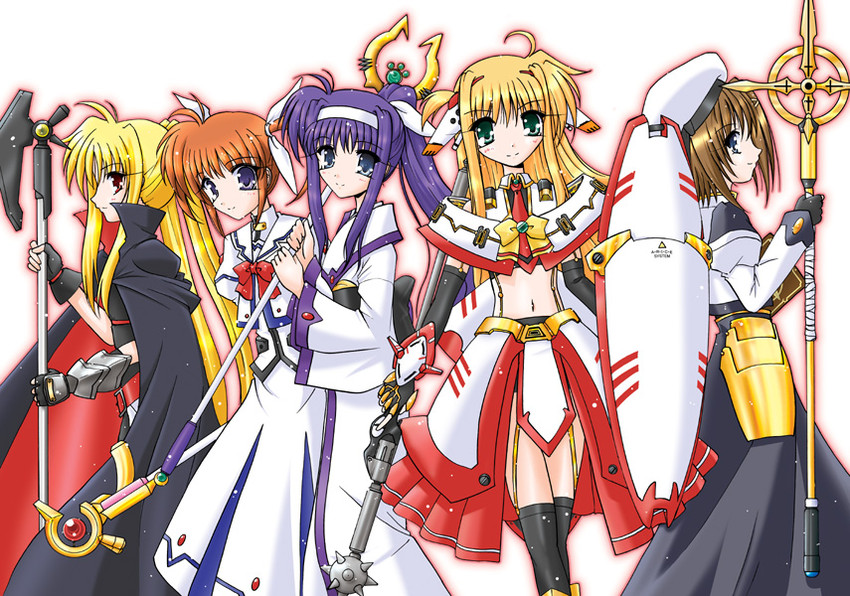 fate testarossa, takamachi nanoha, yagami hayate, raising heart, bardiche, and 4 more (lyrical nanoha and 2 more)