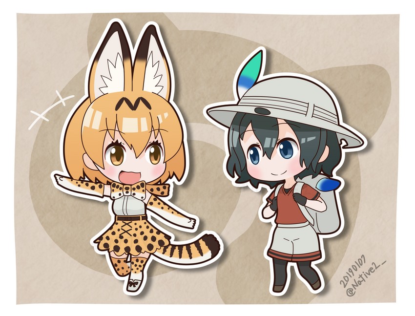serval, kaban, and lucky beast (kemono friends) drawn by native