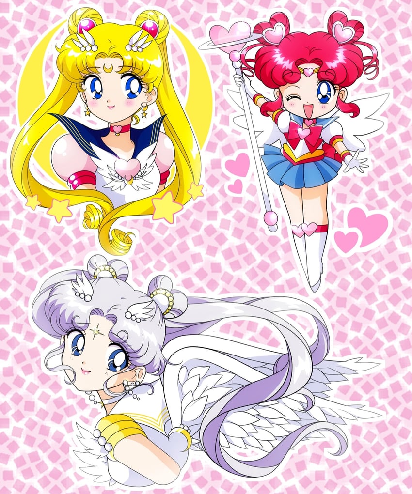 tsukino usagi, sailor moon, eternal sailor moon, sailor cosmos, chibi chibi, and 1 more (bishoujo senshi sailor moon and 1 more) drawn by honeymoonpetal