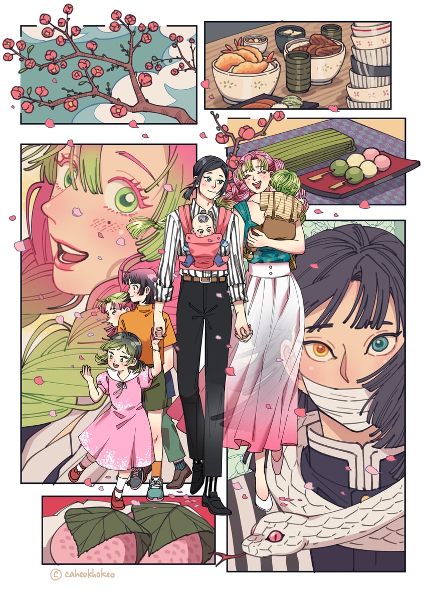 kanroji mitsuri, iguro obanai, and kaburamaru (kimetsu no yaiba) drawn by caheokhokeo