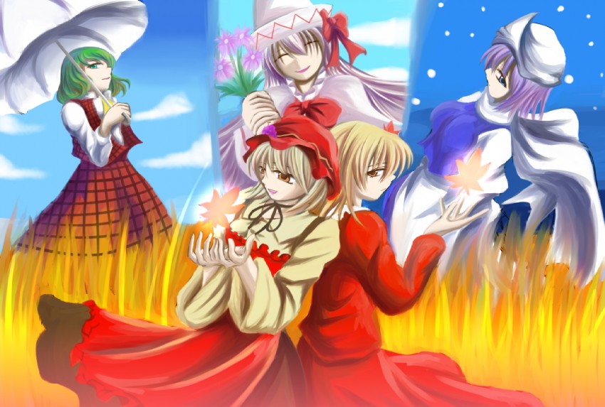 kazami yuuka, aki minoriko, aki shizuha, letty whiterock, and lily white (touhou) drawn by hakomaru_(pandora_box)
