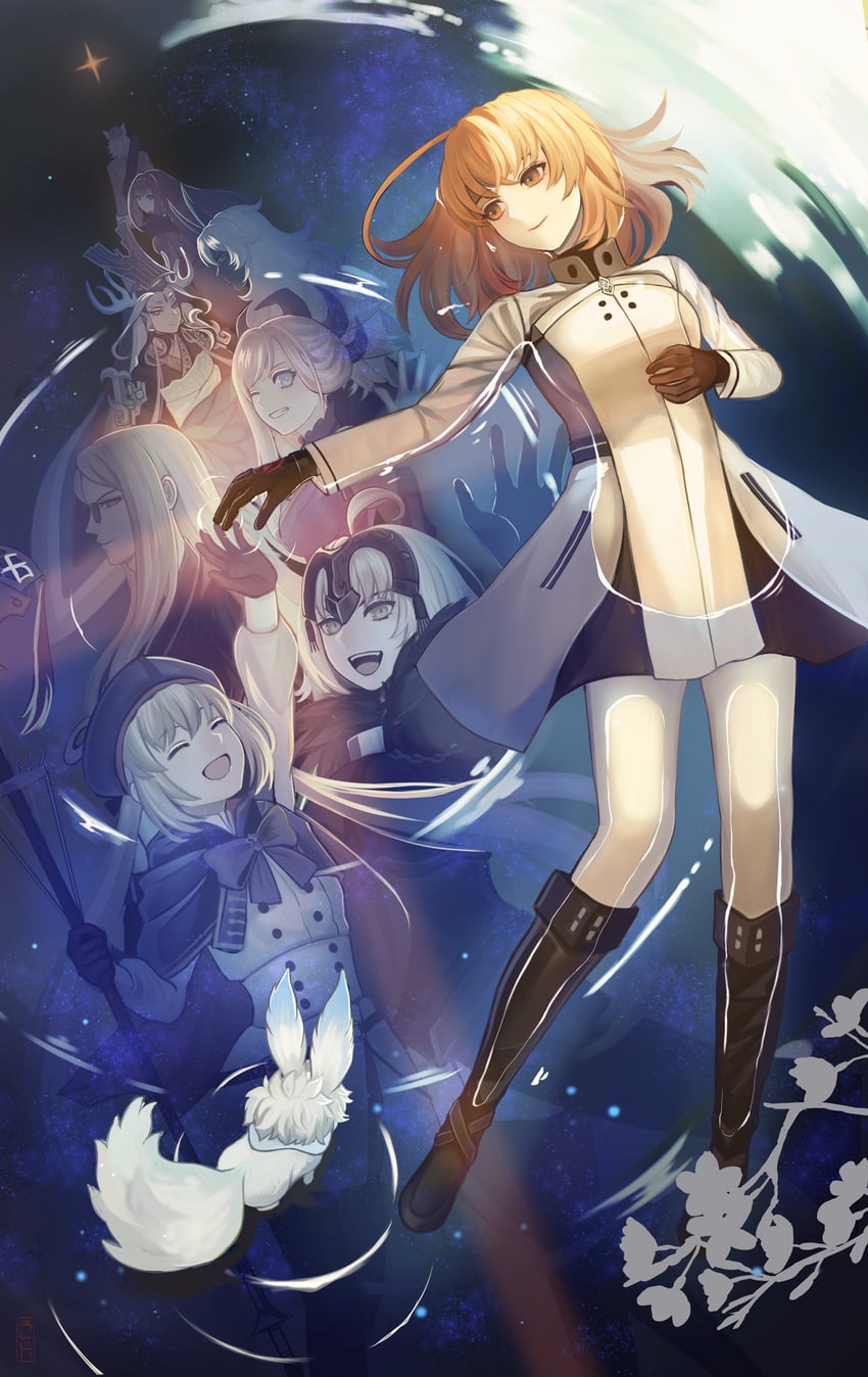 artoria pendragon, fujimaru ritsuka, scathach, miyamoto musashi, artoria caster, and 8 more (fate and 1 more) drawn by ushijiya