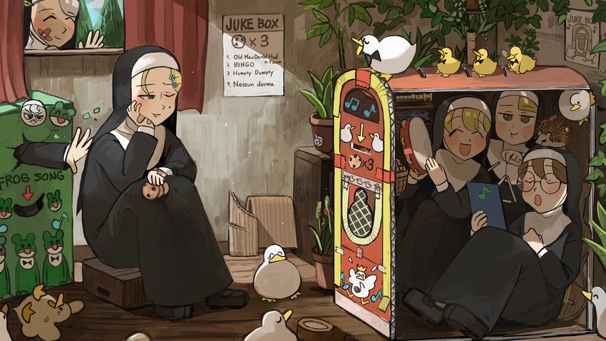 clumsy nun, froggy nun, spicy nun, strict nun, glasses nun, and 1 more (little nuns) drawn by diva_(hyxpk)