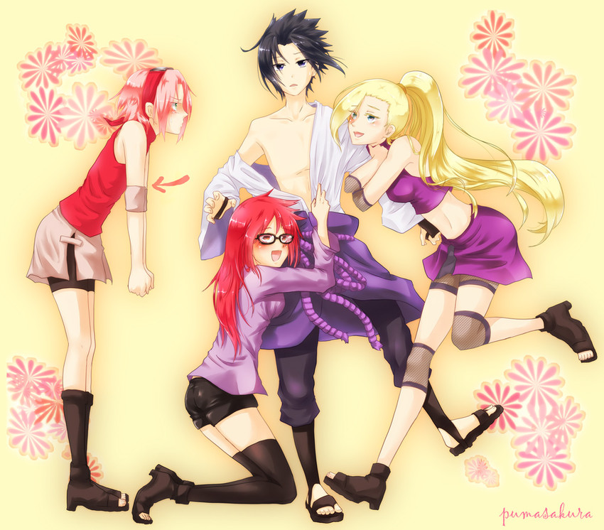 haruno sakura, uchiha sasuke, yamanaka ino, and karin (naruto and 1 more) drawn by pumasaku
