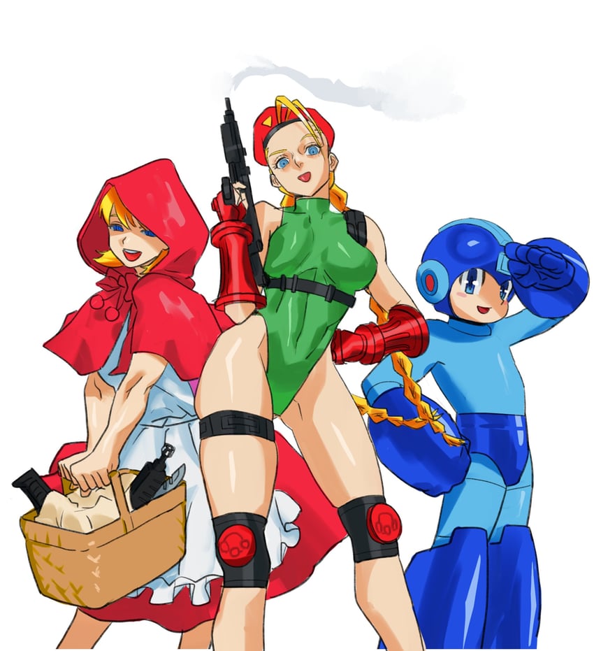 cammy white, mega man, and b.b. hood (street fighter and 3 more) drawn by hei_taiyou