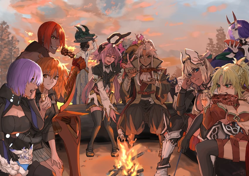 mash kyrielight, fujimaru ritsuka, shuten douji, astolfo, mordred, and 7 more (fate and 1 more) drawn by almightyx124
