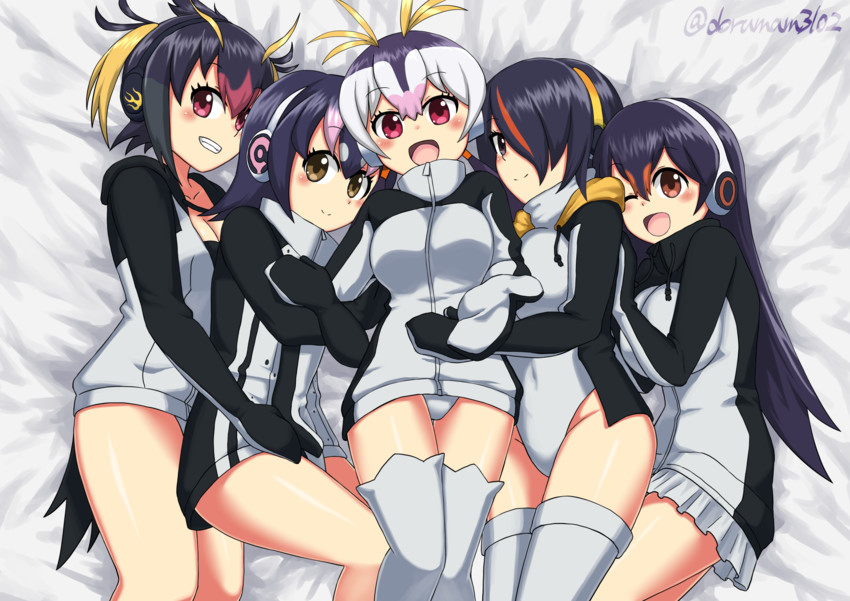 emperor penguin, humboldt penguin, royal penguin, rockhopper penguin, and gentoo penguin (kemono friends) drawn by dorumam