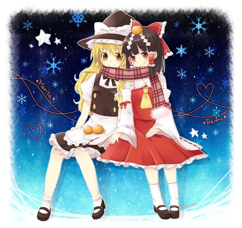 hakurei reimu and kirisame marisa (touhou) drawn by haruki_(colorful_macaron)