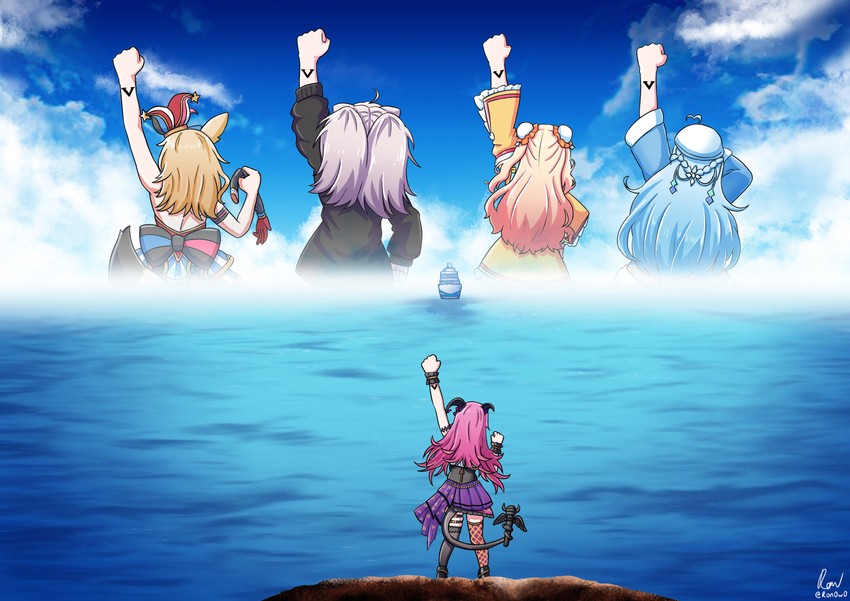 yukihana lamy, shishiro botan, omaru polka, momosuzu nene, and mano aloe (hololive and 1 more) drawn by ron_(hengyep)