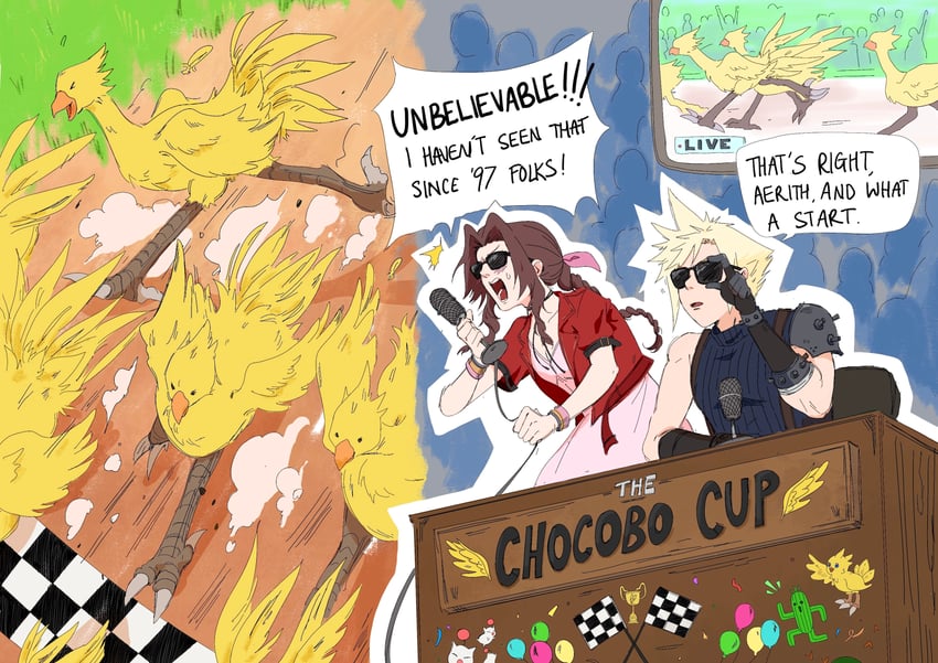 cloud strife, aerith gainsborough, moogle, and sabotender (final fantasy and 3 more) drawn by sodacure21