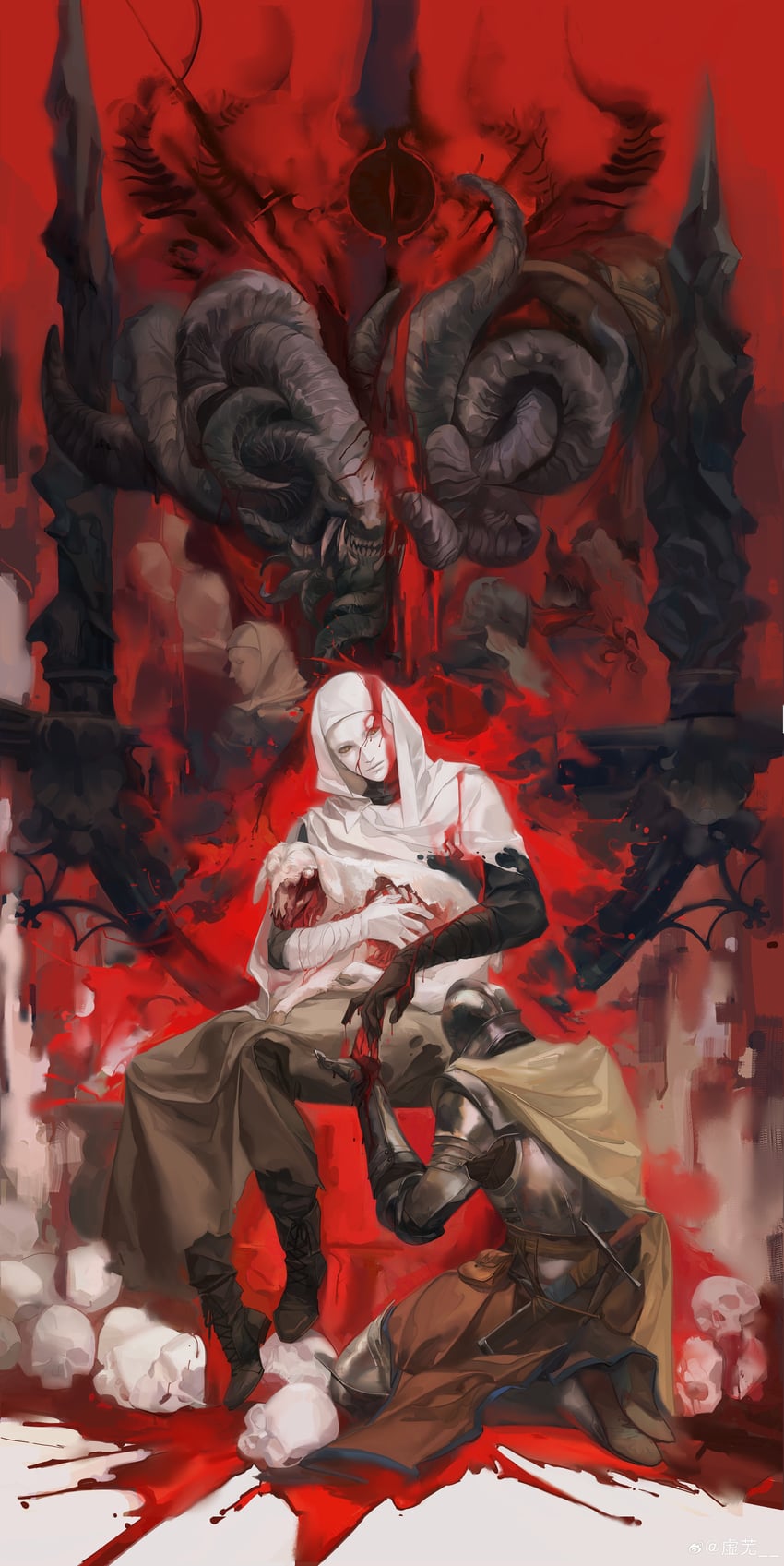 tarnished, mohg lord of blood, and white-faced varre (elden ring) drawn by sin_node