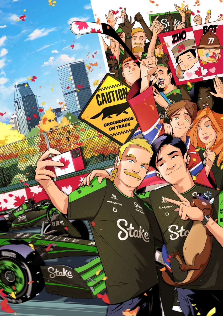 zhou guanyu and valtteri bottas (real life and 1 more) drawn by juan_alcala