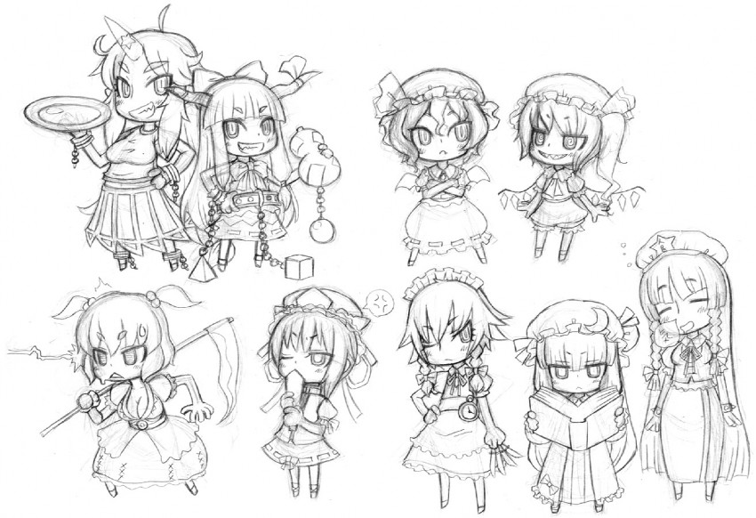 remilia scarlet, flandre scarlet, izayoi sakuya, patchouli knowledge, hong meiling, and 4 more (touhou) drawn by jon_henry_nam
