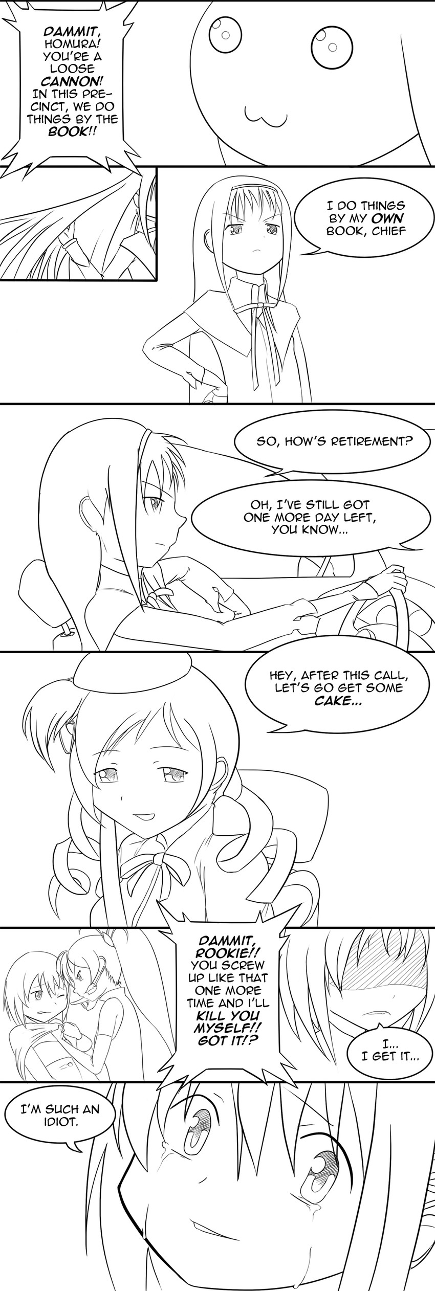 akemi homura, miki sayaka, sakura kyoko, tomoe mami, and kyubey (mahou shoujo madoka magica) drawn by solidcow