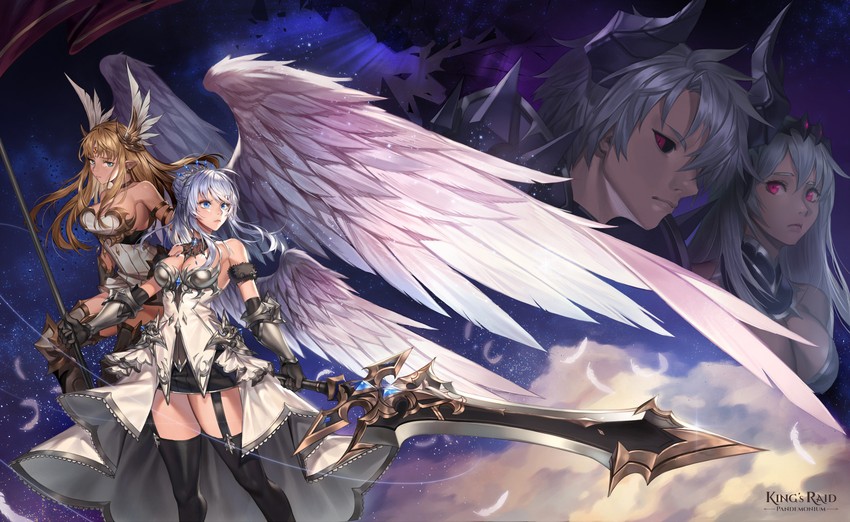 frey, kasel, aselica, fallen frey, dark lord kasel, and 1 more (king's raid) drawn by amnag
