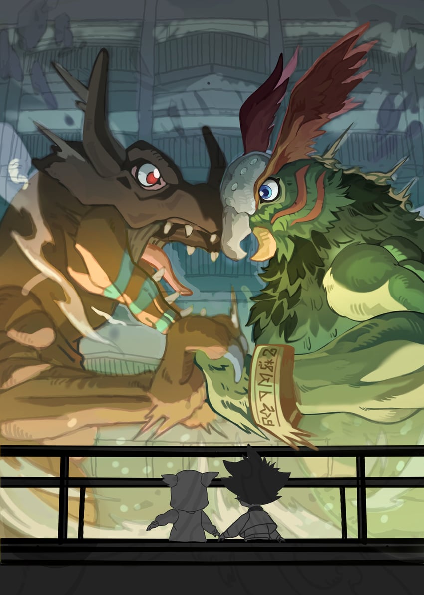 yagami hikari, yagami taichi, greymon, and parrotmon (digimon and 1 more) drawn by currynoodle_art