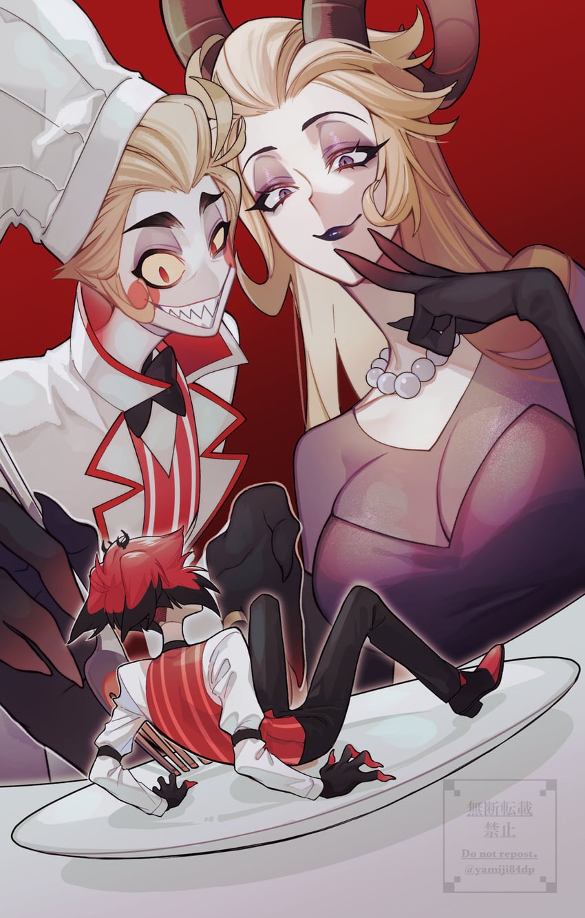 lucifer morningstar, alastor, and lilith (hazbin hotel) drawn by yamiji84dp