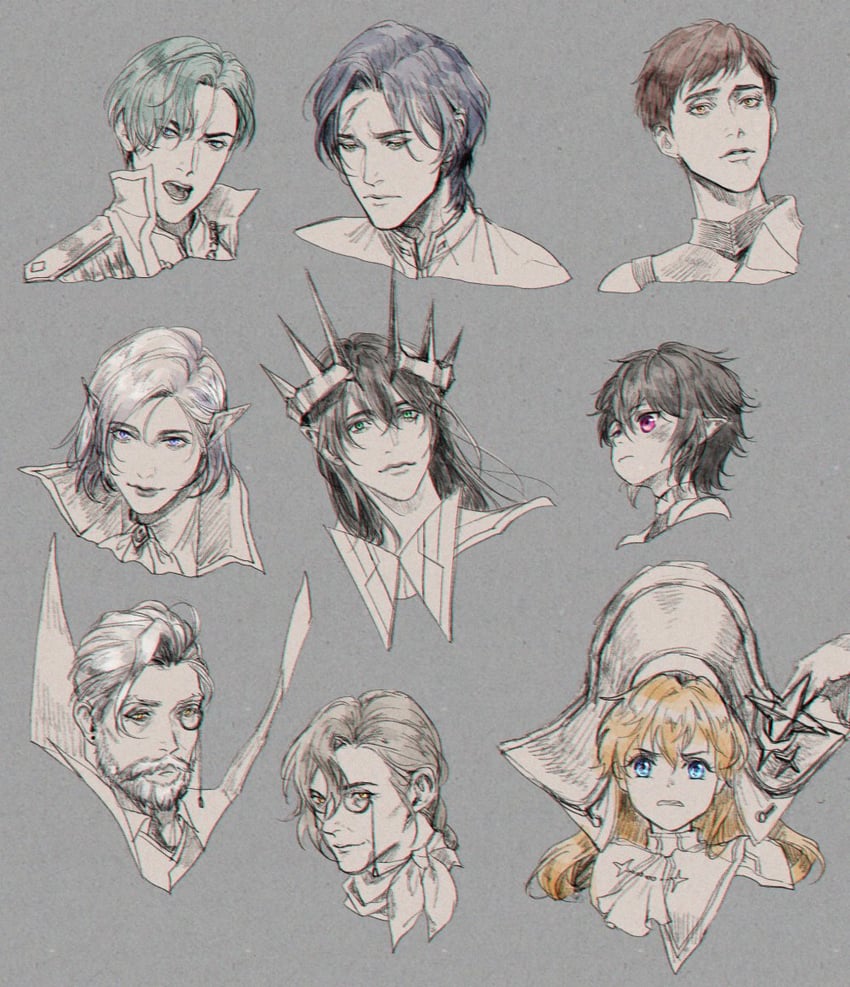 nine, lucilicca la'elaya, laphlaes selkena, charlotte grace, krom ledios, and 4 more (lord of heroes) drawn by machamyo