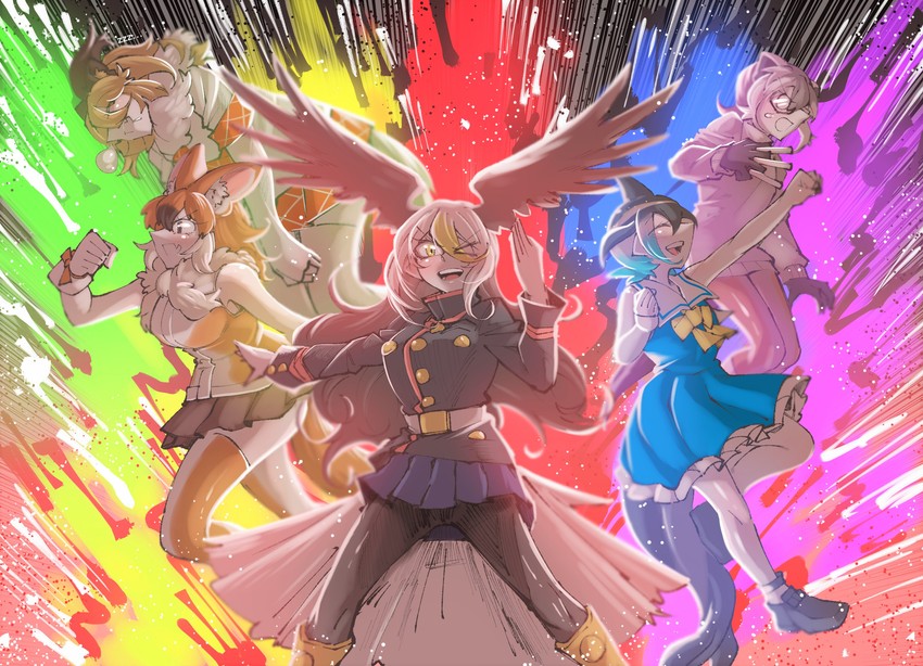 dhole, lion, common dolphin, meerkat, and bald eagle (kemono friends and 1 more) drawn by gm_(ggommu)