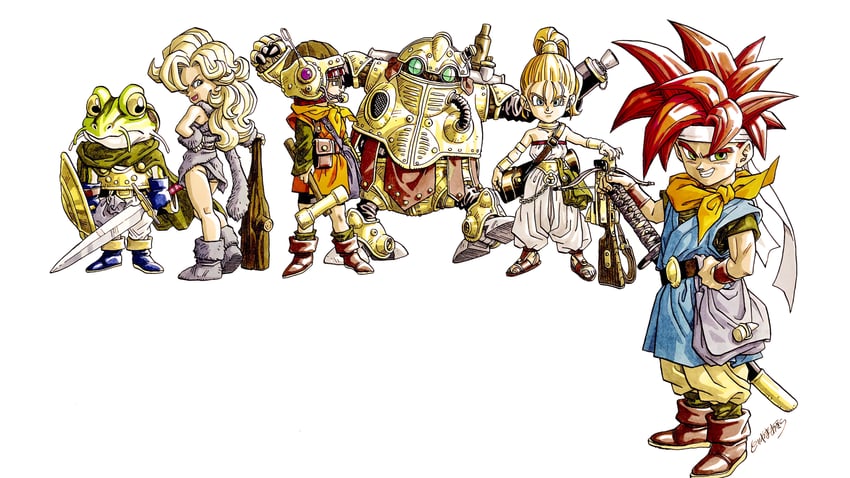 lucca ashtear, crono, marle, ayla, frog, and 1 more (chrono trigger) drawn by toriyama_akira