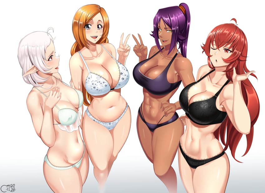 shihouin yoruichi, inoue orihime, eris greyrat, and sylphiette (bleach and 1 more) drawn by castell