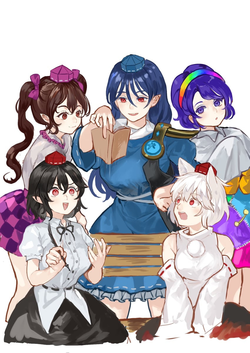 shameimaru aya, inubashiri momiji, himekaidou hatate, iizunamaru megumu, and tenkyuu chimata (touhou) drawn by gonglijeongli