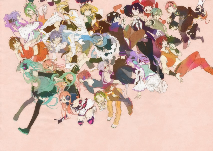 hatsune miku, kagamine rin, kagamine len, megurine luka, kasane teto, and 18 more (vocaloid and 1 more) drawn by toma_'3'
