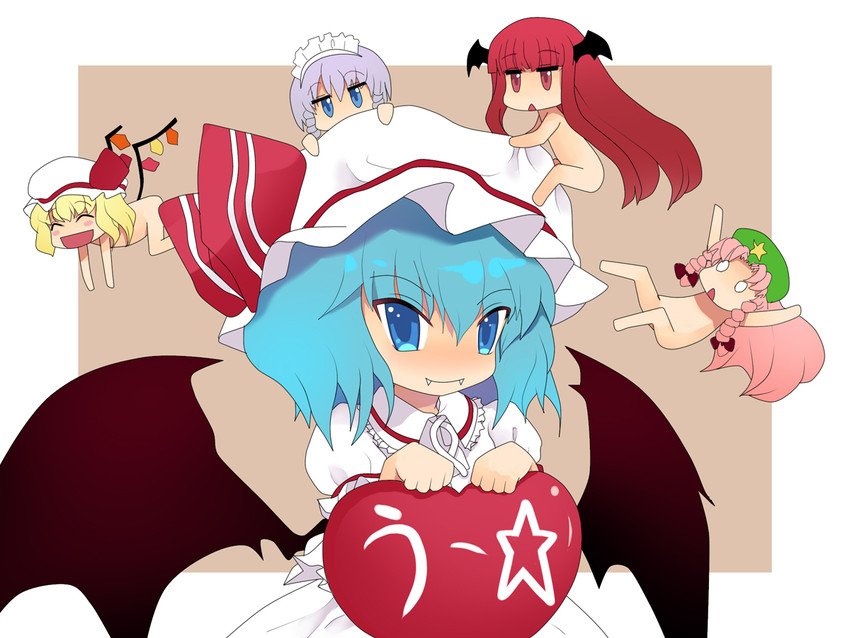 remilia scarlet, flandre scarlet, izayoi sakuya, hong meiling, and koakuma (touhou) drawn by kedamono_kangoku-tou
